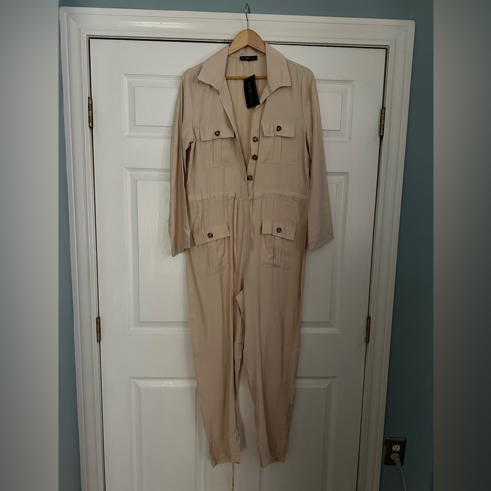 Beige Button-Up Jumpsuit